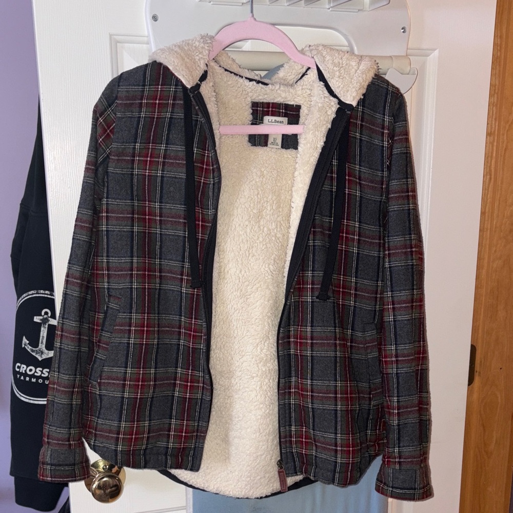 L.L. Bean Scotch Plaid flannel Sherpa lined zip hoodie